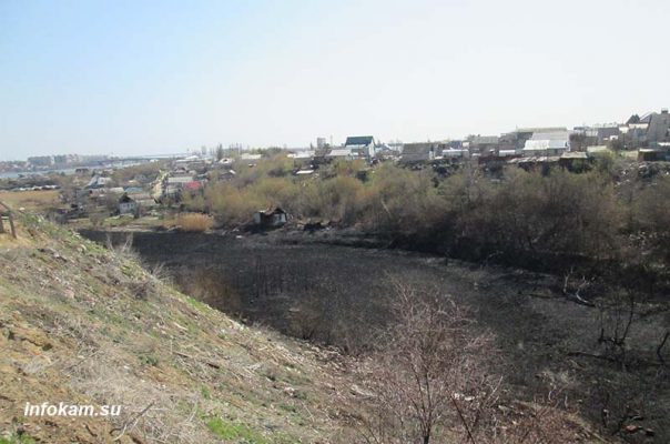 Последствия пожара в овраге Кирпичный, впадающем в реку Камышинку, 2019 год, из архива infokam.su) 